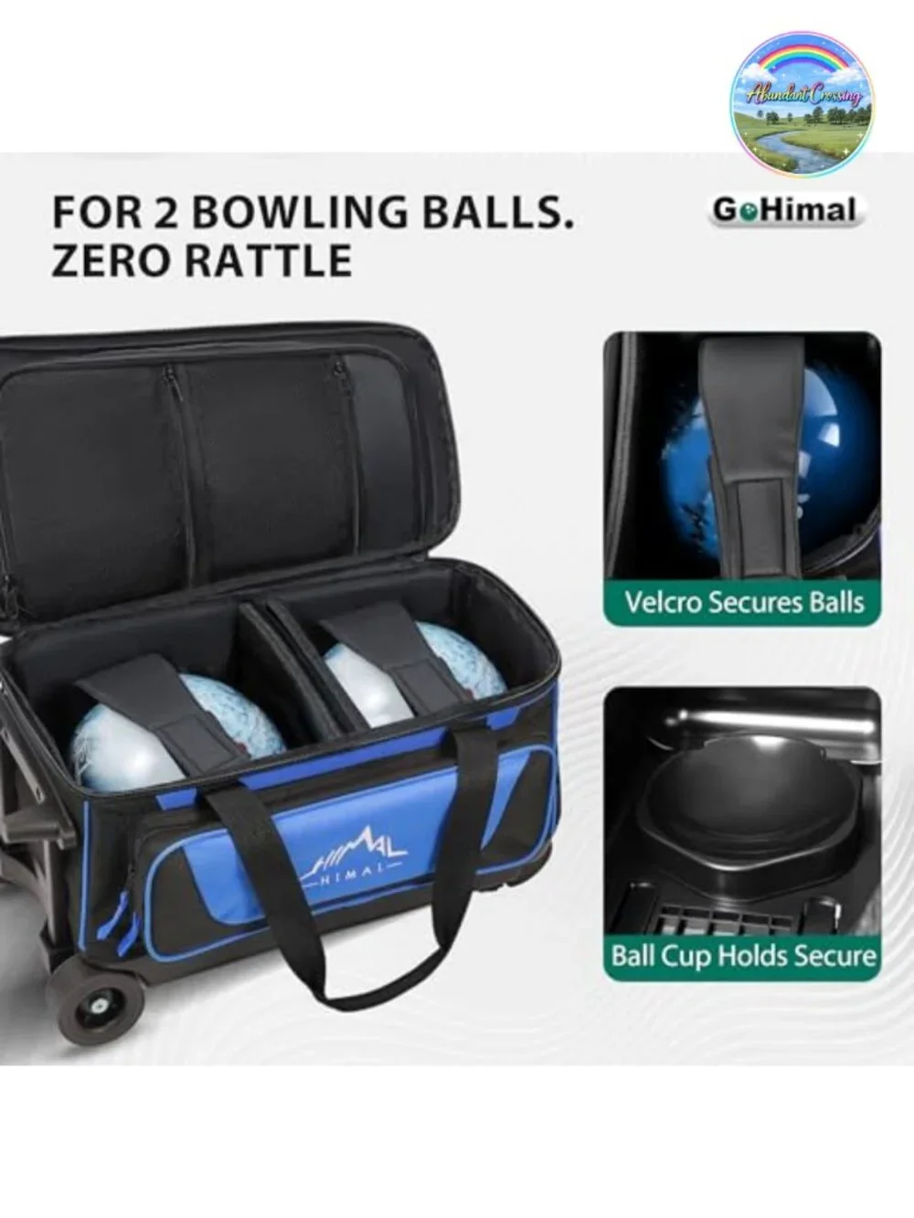 2-Ball Bowling Bag with Wheels, Retractable Handle, Separate Shoe Compartment,